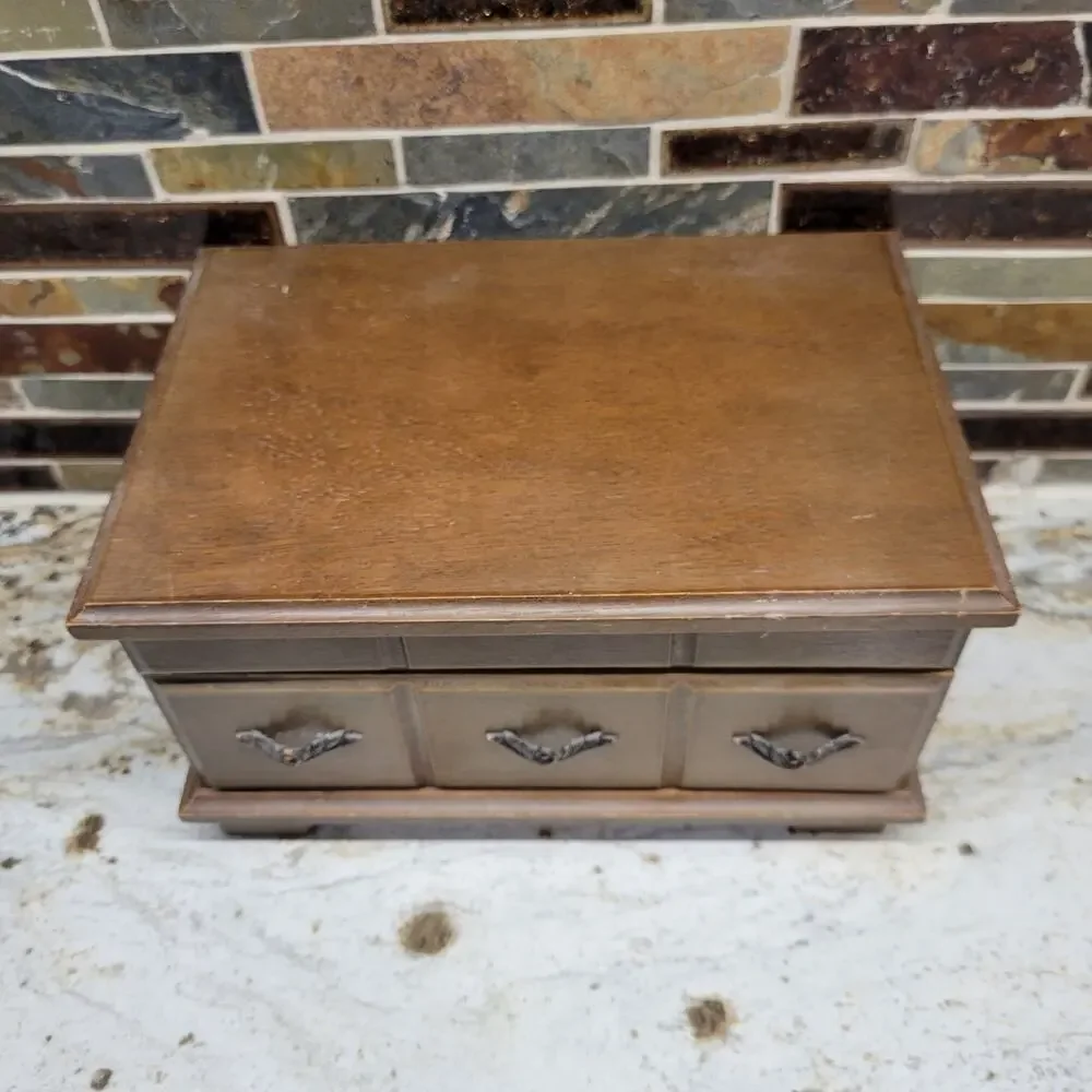 Vintage Wood Jewelry Chest, Smaller Red Fabric Inside, Mirror